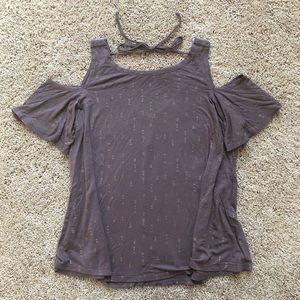Taupe cold shoulder top with gold arrow details